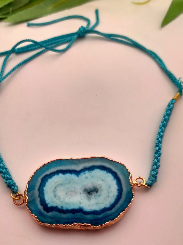 Natural Turquoise Agate Stone Marble Rakhi with Gold Detailing