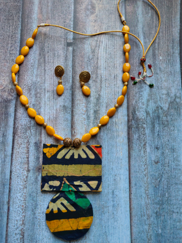 Block Printed Fabric Necklace Set with Stones and Metal Pendant