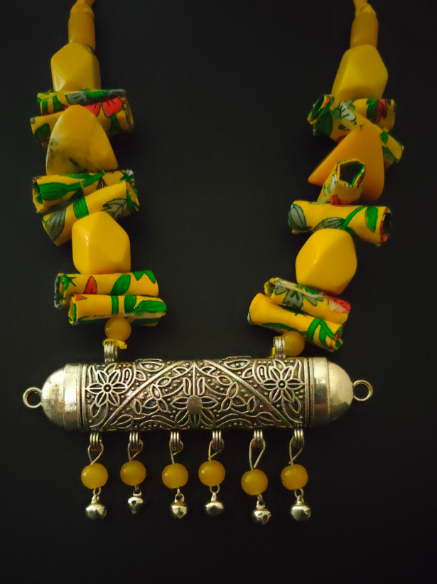 Statement Yellow Necklace Set with Tibetan Stones, Fabric and Ghungroos