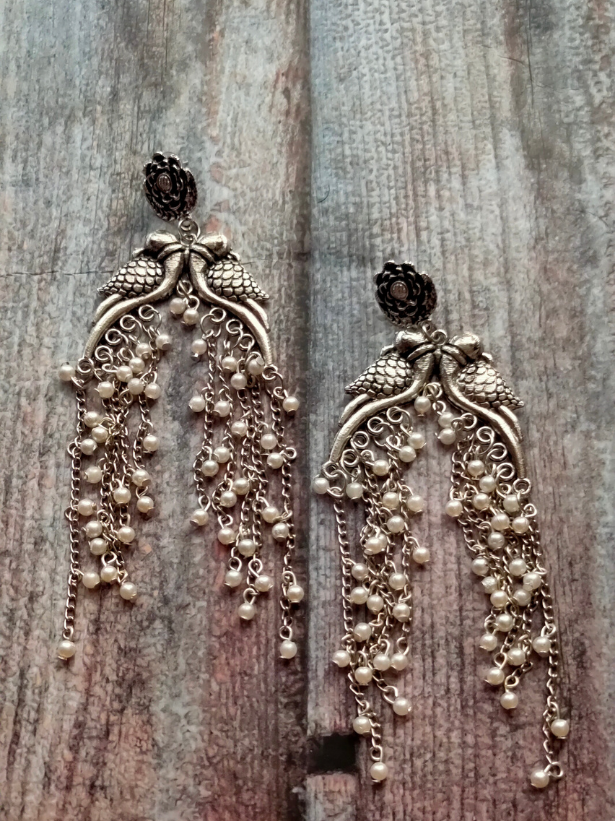 Intricately Crafted Long Peacock Earrings with White Beads