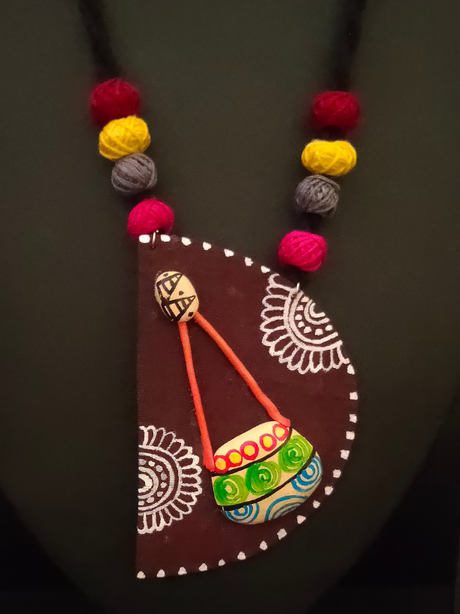 Hand-Painted Fabric and Clay Necklace Set with Fabric Beads