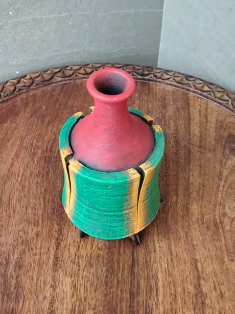 Sea Green and Pink Handcrafted Traditional Terracotta Clay Pot