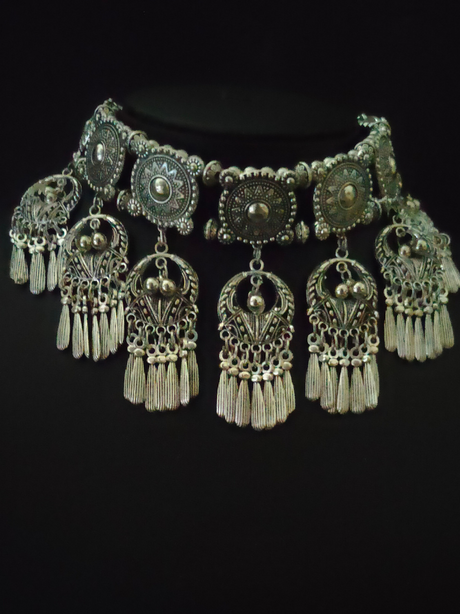 Oxidised Silver Choker Necklace Set with Dangler Chains