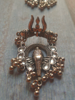 Load image into Gallery viewer, Trishul and Elephant Motif Metal Dangler Earrings
