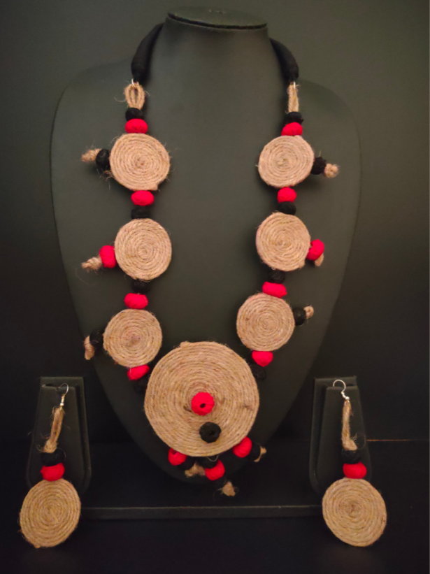 Handcrafted Jute and Fabric Beads Necklace Set with Dangler Earrings