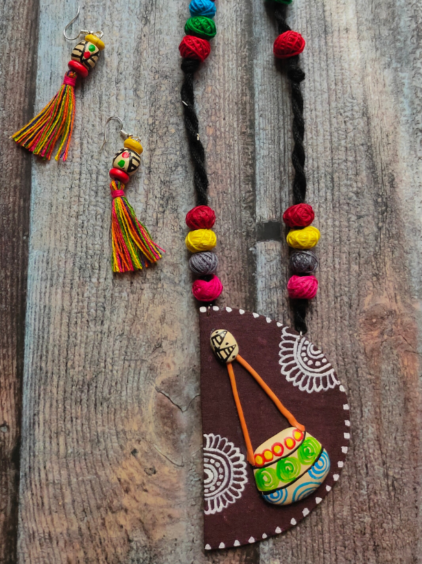 Hand Painted Fabric and Clay Necklace Set with Fabric Beads A