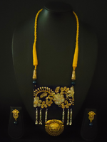 Load image into Gallery viewer, Zari Work Velvet Fabric Necklace Set with Padma Metal Pendant with Thread Closure
