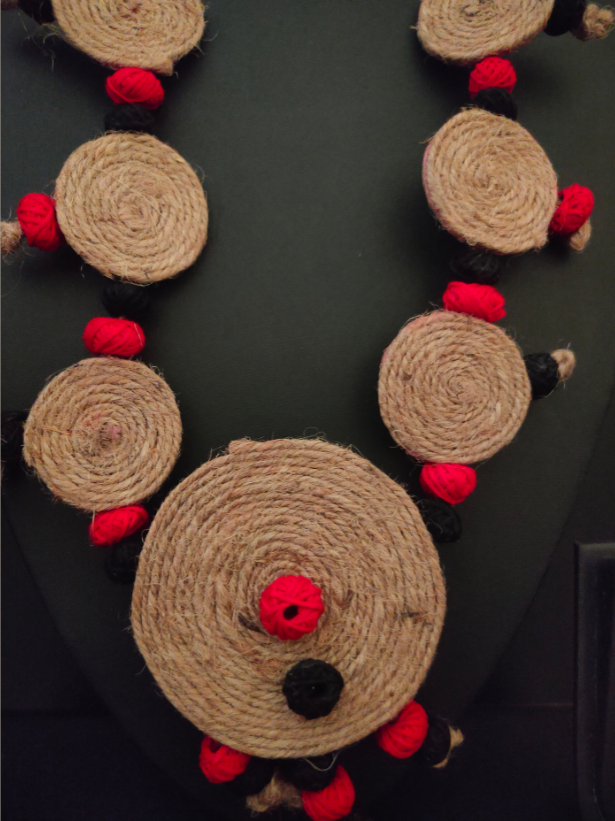 Handcrafted Jute and Fabric Beads Necklace Set with Dangler Earrings