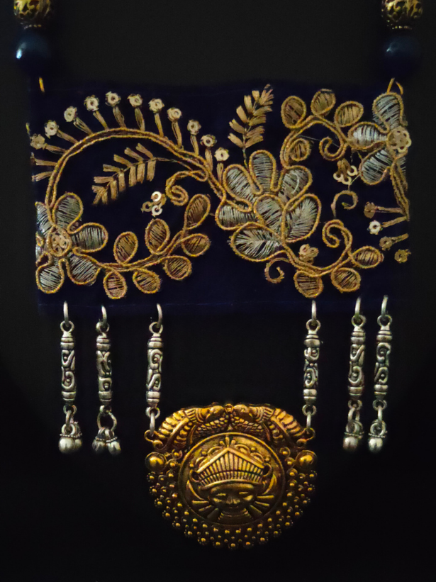 Zari Work Velvet Fabric Necklace Set with Padma Metal Pendant with Thread Closure