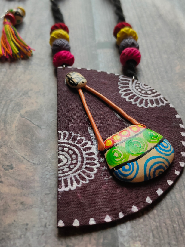 Hand-Painted Fabric and Clay Necklace Set with Fabric Beads