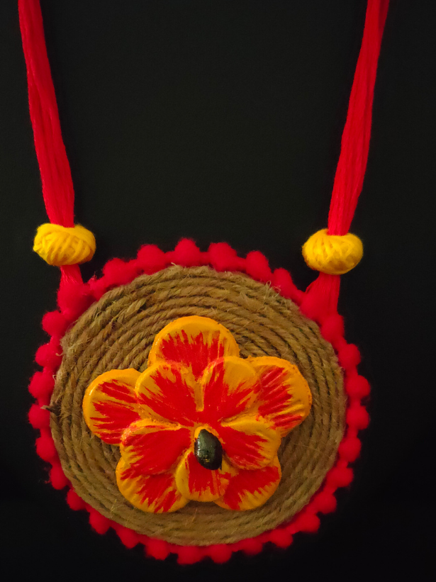 Handcrafted Jute and Fabric Necklace Set with Wooden Flowers