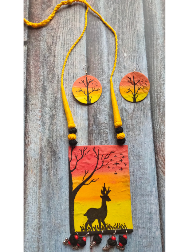 Hand Painted Deer Fabric Necklace Set with Thread Closure