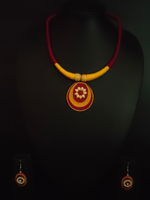 Load image into Gallery viewer, Minimalist Elegant Maroon &amp; Yellow Jute Necklace Set with Thread Closure
