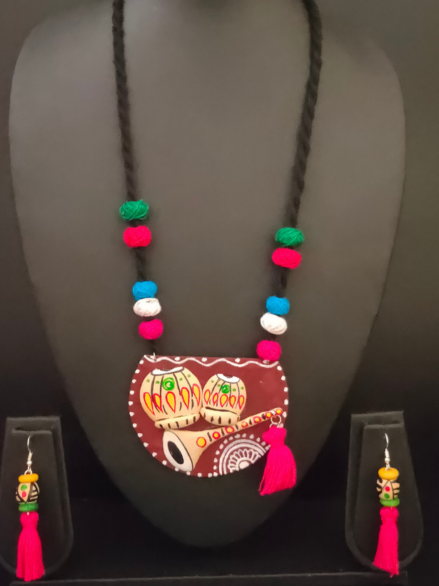 Hand-Painted Clay Tabla and Shehnai Necklace Set with Fabric Beads