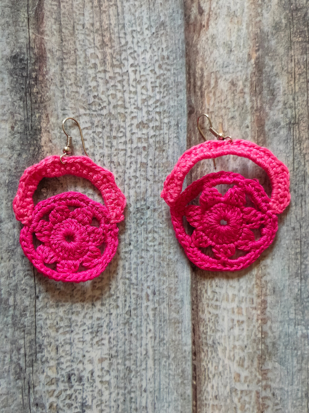 Pink Hand Knitted Crochet 2 Layer Earrings