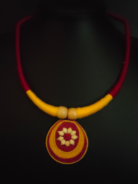 Minimalist Elegant Maroon & Yellow Jute Necklace Set with Thread Closure