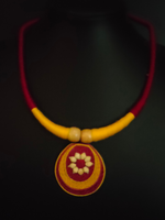 Load image into Gallery viewer, Minimalist Elegant Maroon &amp; Yellow Jute Necklace Set with Thread Closure
