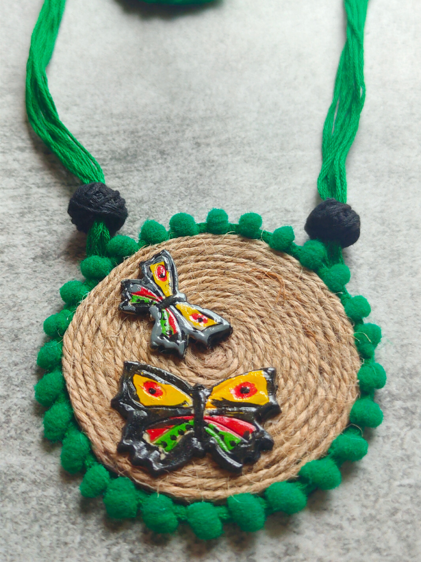 Jute and Fabric Necklace Set with Hand Painted Wooden Butterflies Pendant