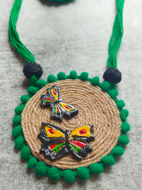 Jute and Fabric Necklace Set with Hand Painted Wooden Butterflies Pendant