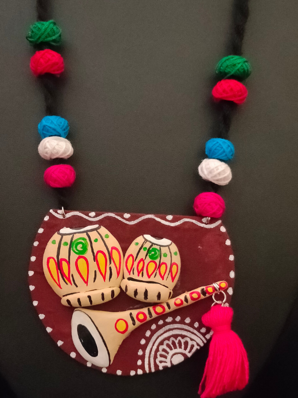 Hand-Painted Clay Tabla and Shehnai Necklace Set with Fabric Beads