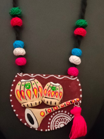 Load image into Gallery viewer, Hand-Painted Clay Tabla and Shehnai Necklace Set with Fabric Beads
