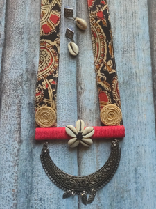 Kalamkari Fabric, Jute and Shells Statement Long Necklace Set
