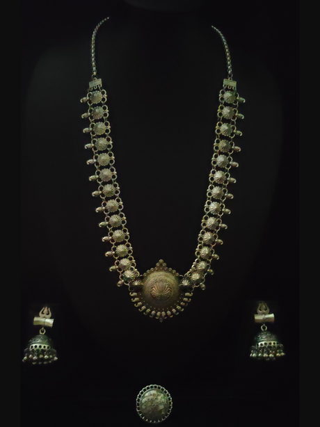 Set of 3 - Lotus Motif Long Chain Necklace with Ring and Trishul Earrings