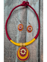 Load image into Gallery viewer, Minimalist Elegant Maroon &amp; Yellow Jute Necklace Set with Thread Closure
