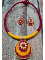 Load image into Gallery viewer, Minimalist Elegant Maroon &amp; Yellow Jute Necklace Set with Thread Closure
