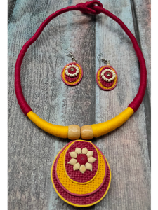 Minimalist Elegant Maroon & Yellow Jute Necklace Set with Thread Closure