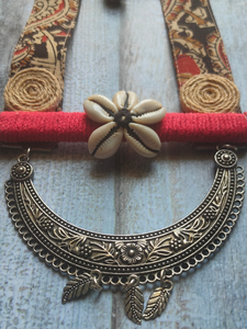 Kalamkari Fabric, Jute and Shells Statement Long Necklace Set