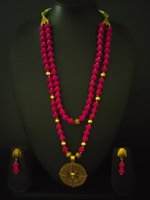 Load image into Gallery viewer, 2 Layer Fabric Beads Necklace Set with Antique Gold Finish Metal Pendant
