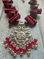 Load image into Gallery viewer, Statement Red Necklace Set with Tibetan Stones, Fabric and Ghungroos
