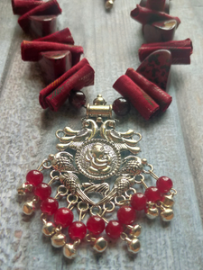 Statement Red Necklace Set with Tibetan Stones, Fabric and Ghungroos