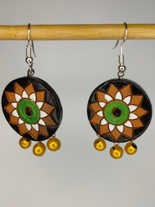 Black Round Hand Painted Flower Terracotta Earrings