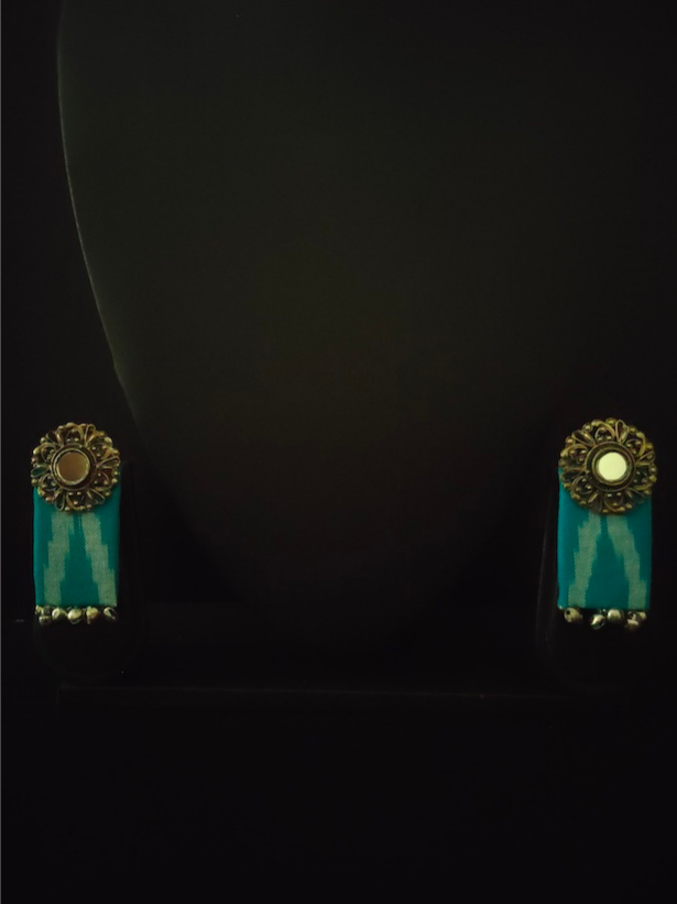 Blue Ikat Fabric Mirror Earrings