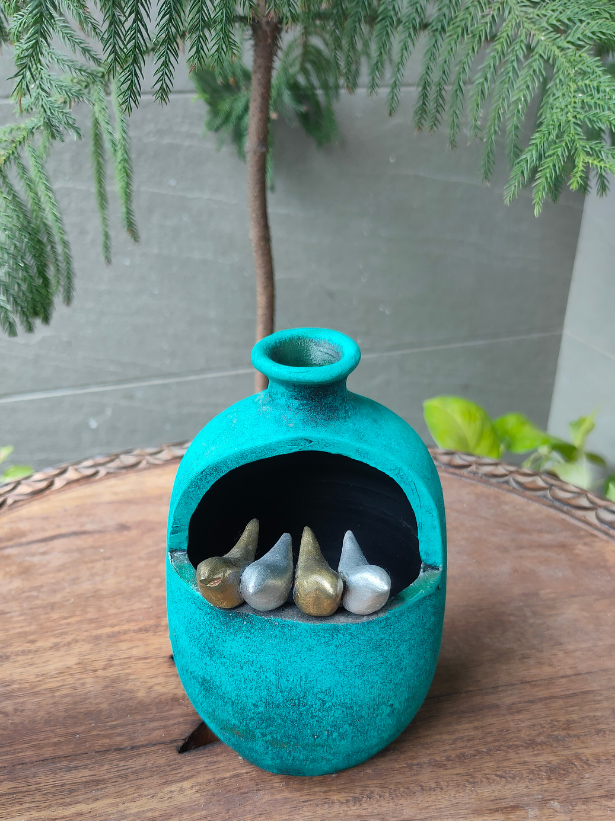 Turquoise Bird Motifs Handcrafted Modern Terracotta Clay Pot