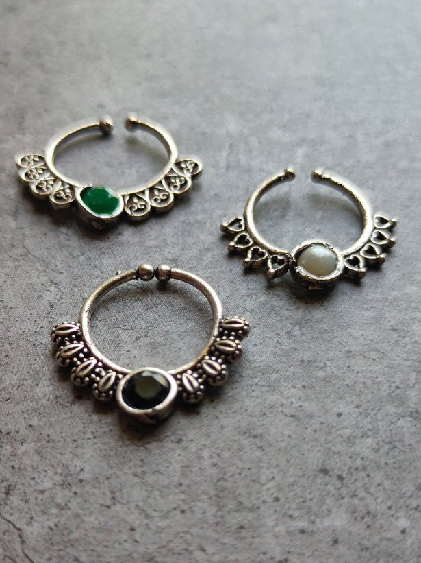 Three Oxidised Silver Tribal Septum Nosepins