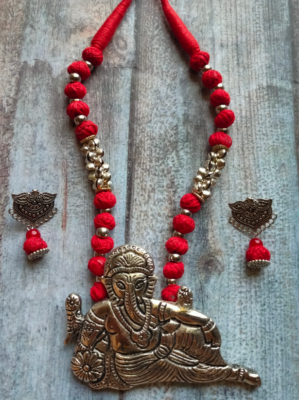 Statement Ganesha Necklace with Red Fabric Beads