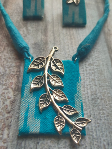 Ikat Printed Fabric Necklace Set with Metal Leaves Detailing