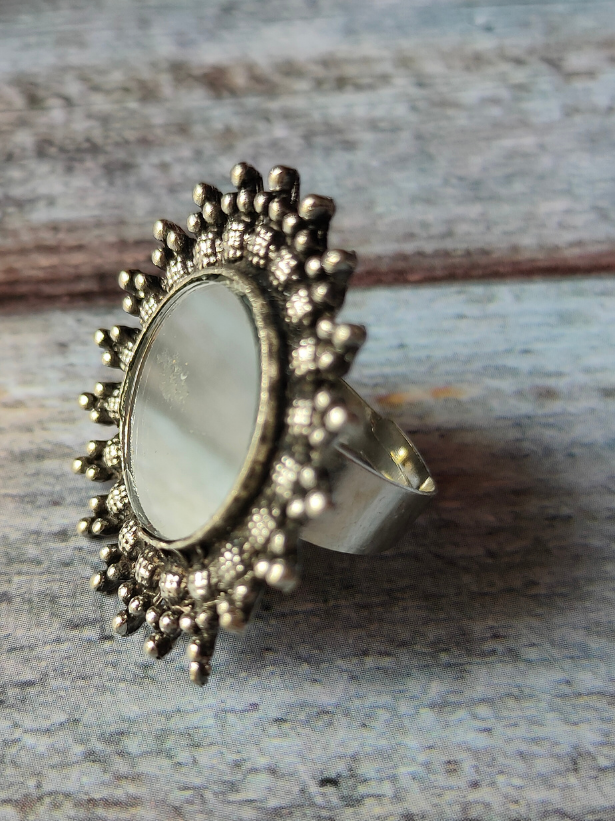 Statement Mirror Oxidised Silver Ring (Adjustable)