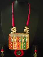 Load image into Gallery viewer, Fabric, Stamped Coins and Shells Vibrant Long Necklace Set
