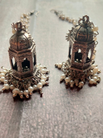 Load image into Gallery viewer, Mahal Shape Long Jhumka Earrings with Ear Chain
