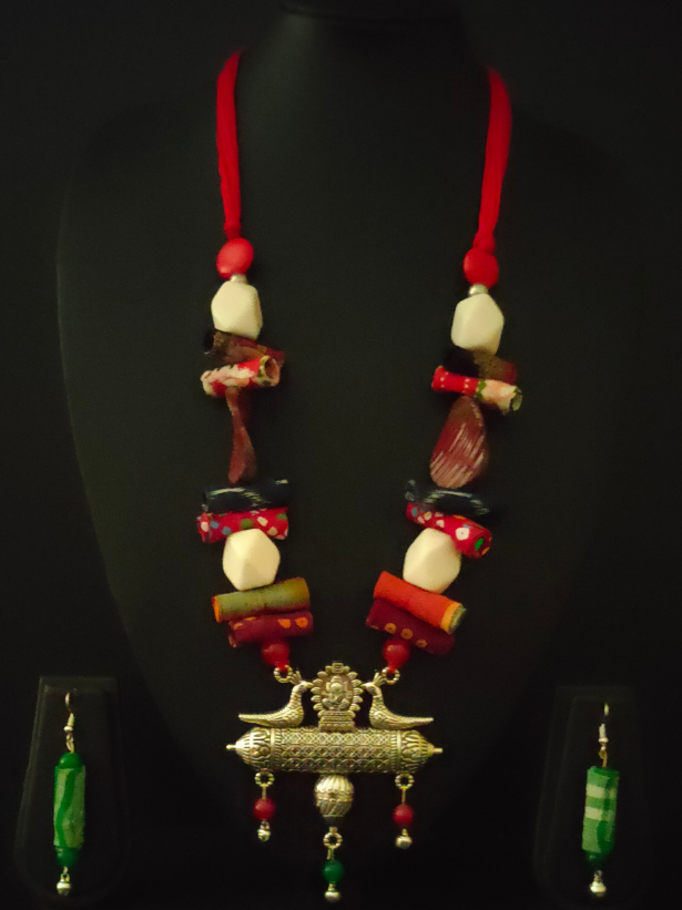 Statement Multi-Color Necklace Set with Tibetan Stones and Fabric