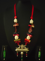Load image into Gallery viewer, Statement Multi-Color Necklace Set with Tibetan Stones and Fabric
