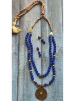 Load image into Gallery viewer, 2 Layer Blue Fabric Beads Necklace Set with Antique Gold Finish Metal Pendant
