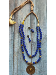 2 Layer Blue Fabric Beads Necklace Set with Antique Gold Finish Metal Pendant