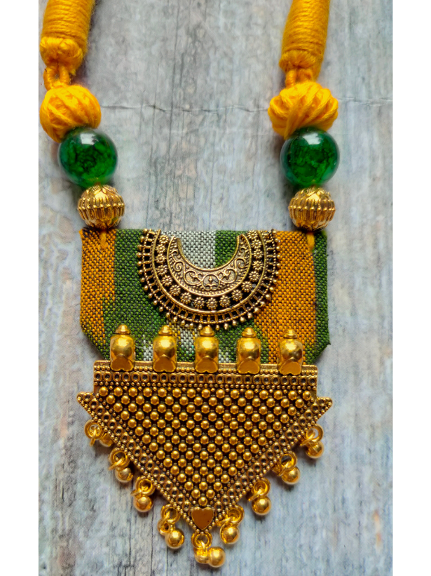 Yellow & Green Fabric and Antique Gold Finish Metal Pendant Necklace Set