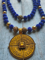 Load image into Gallery viewer, 2 Layer Blue Fabric Beads Necklace Set with Antique Gold Finish Metal Pendant
