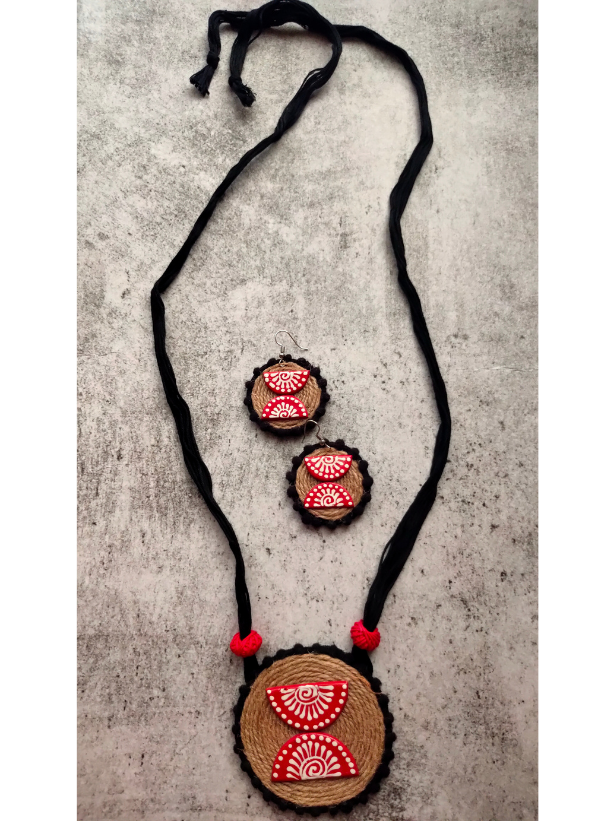 Jute and Fabric Necklace Set with Hand Painted Wooden Pendant